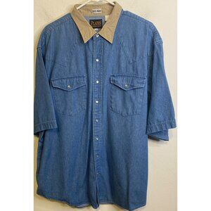 PLAINS Western Yoke Big Man Snap Button Denim Cotton Shirt Short Sleeve Size 2X